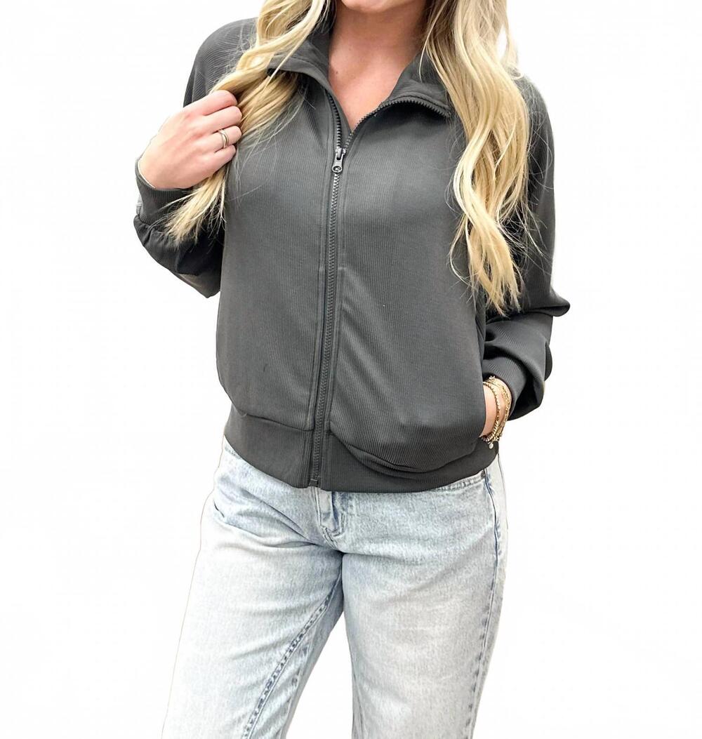 NEW MONO B luxe ribbed sand wash zip up jacket in gray